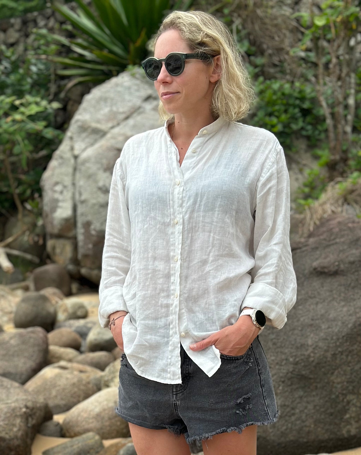 Camisa Lino Cuello Mao Mujer